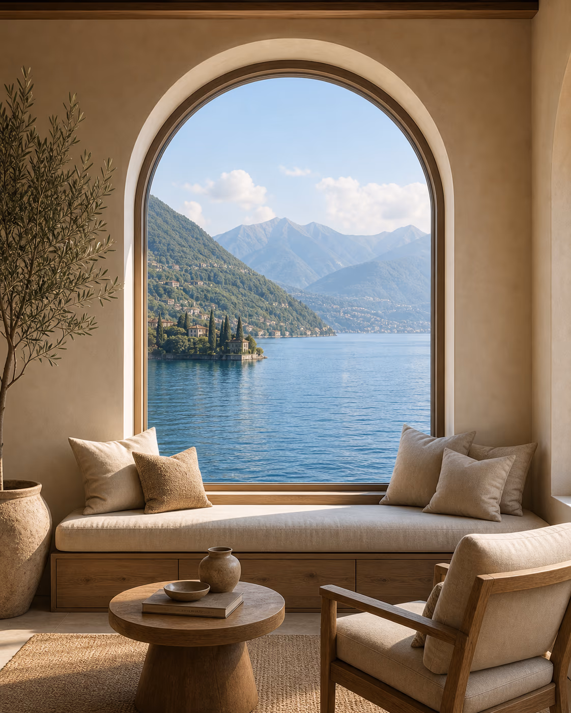 An arched window opening onto Lago Maggiore