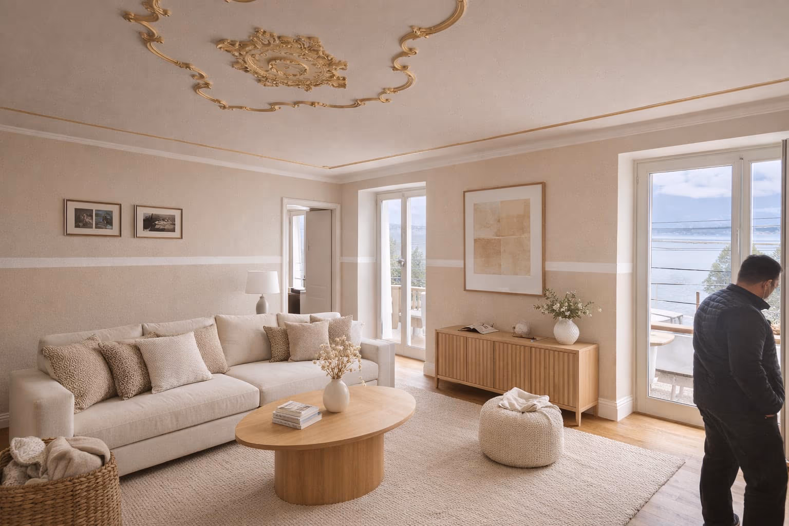 Un salon aux tons crème, avec une rosace dorée au plafond et des portes ouvrant sur le lac Majeur