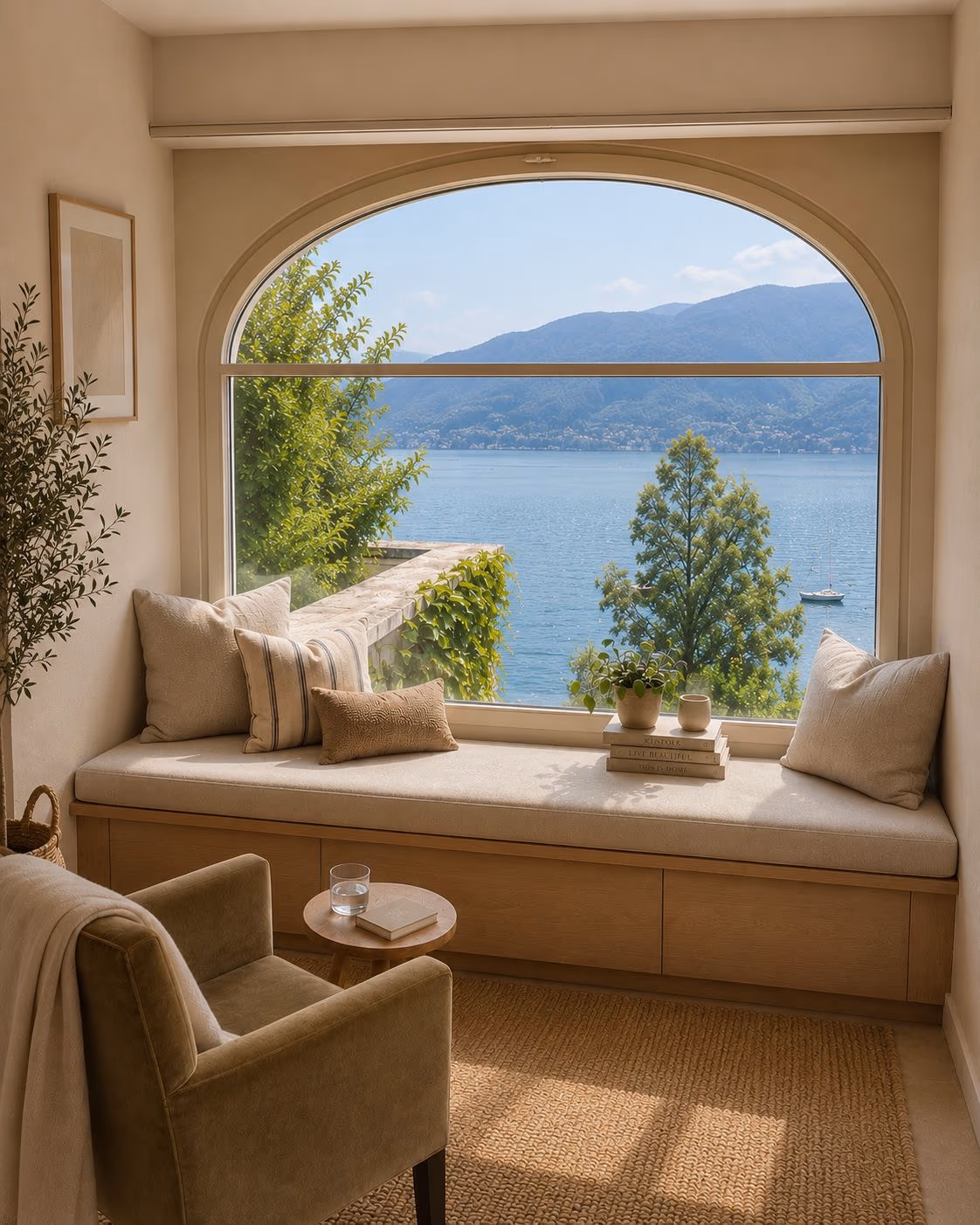 A room with two arched windows looking out over Lago Maggiore