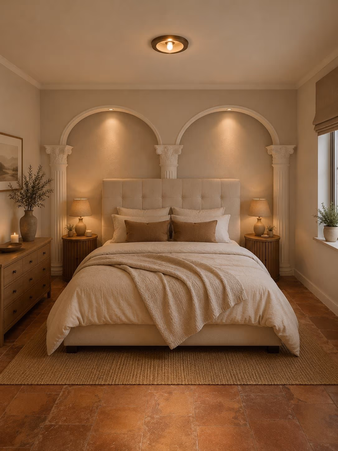 A bedroom under arches, in warm evening light