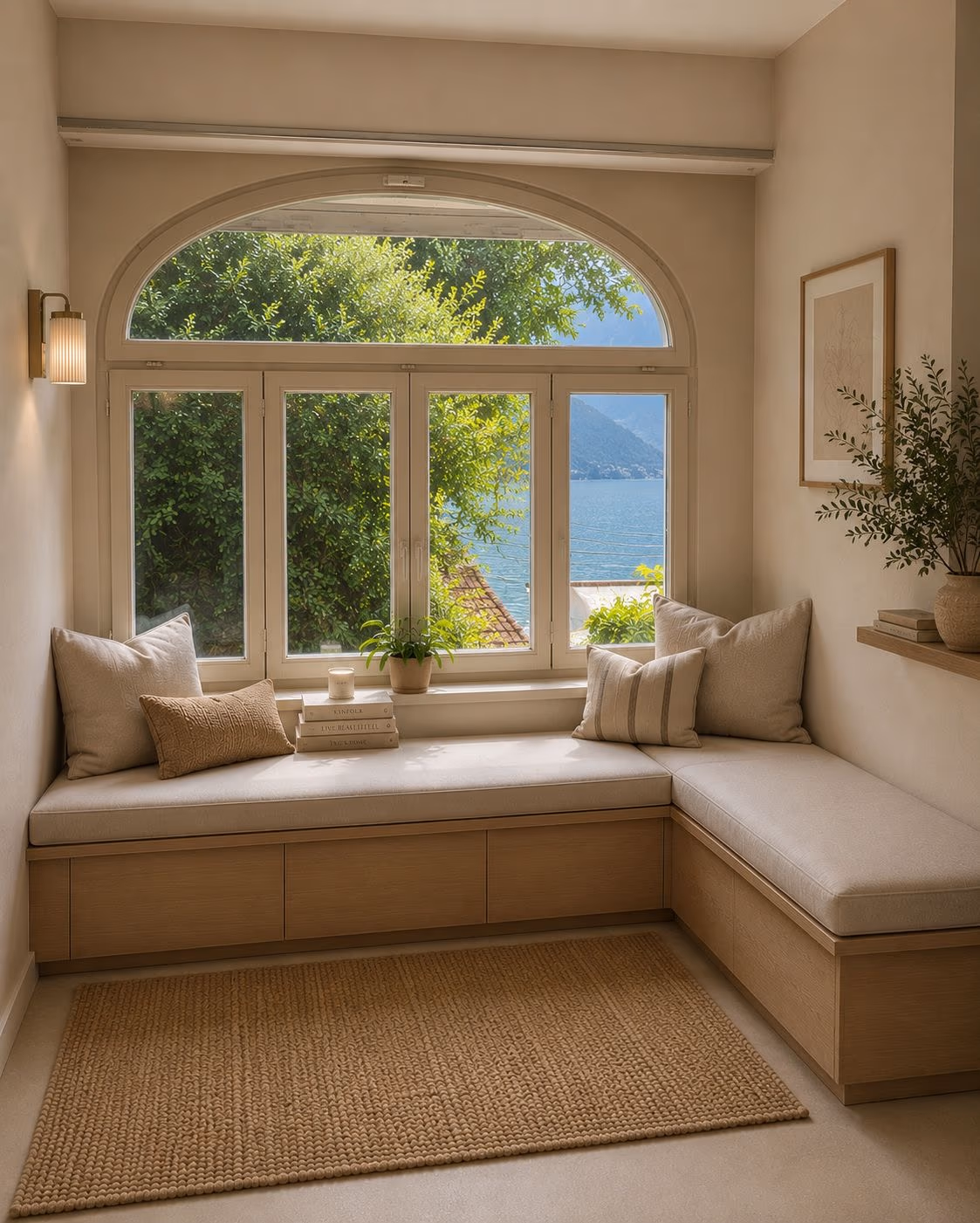 A window seat beneath an arched window above the lake